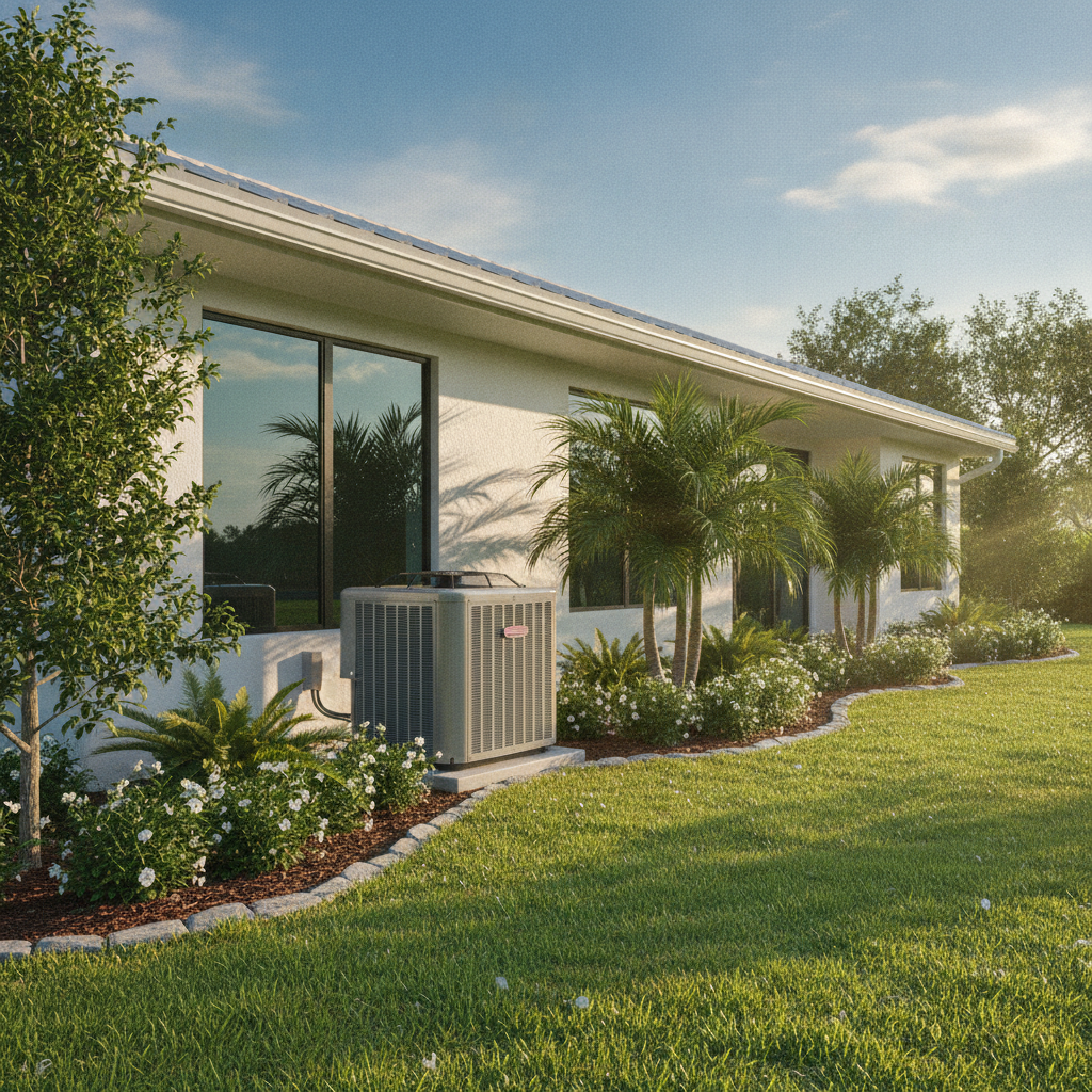 Modern HVAC condenser unit beside a Florida home